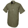 Side view of a Men's Clay Bird Shirt in Short Sleeves, color Moss. The shirt has a quilted recoil pad at the right shoulder, a mesh-lined vented back, a flap-covered chest pocket, button-down collars, a button-front placket, a stitched FITASC gun position line, double stitching throughout, and long rounded tails for tucking into pants. 100% cotton.