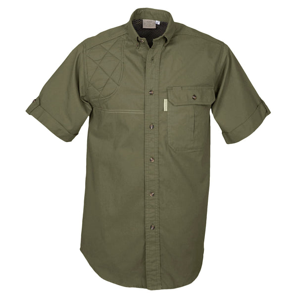 Front view of a Men's Clay Bird Shirt in Short Sleeves, color Moss. The shirt has a quilted recoil pad at the right shoulder, a mesh-lined vented back, a flap-covered chest pocket, button-down collars, a button-front placket, a stitched FITASC gun position line, double stitching throughout, and long rounded tails for tucking into pants. 100% cotton.