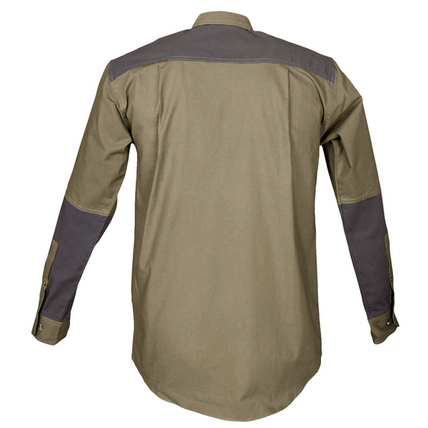 Back of a Men's Upland Shirt in Long Sleeves, color Khaki/Olive. The shirt has a contrasted yoke and forearms, buttoned Swiss tabs on the sleeves, double stitching throughout, and long rounded tails for tucking into pants. 100% cotton.