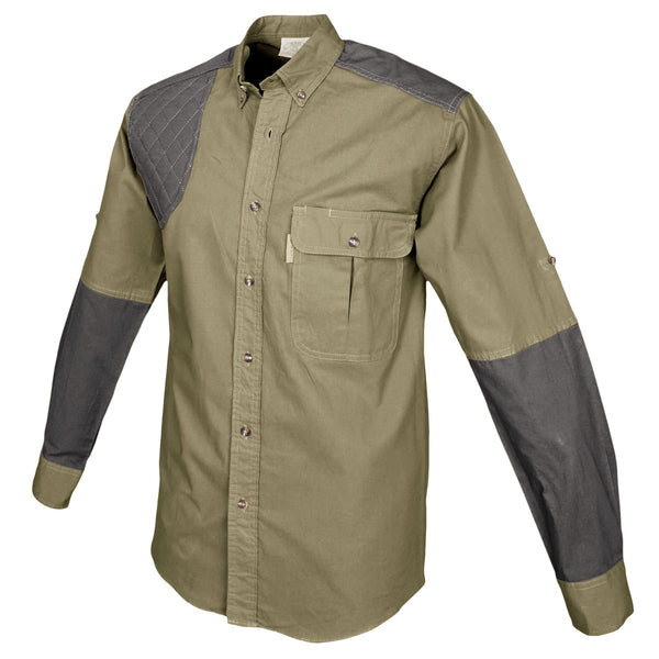 Front of a Men's Upland Shirt in Long Sleeves, color Khaki/Olive. The shirt has a contrasted quilted shooter patch and forearms, two flap-covered chest pockets, button-down collars, buttoned Swiss tabs on the sleeves, a button-front placket, double stitching throughout, and long rounded tails for tucking into pants. 100% cotton.