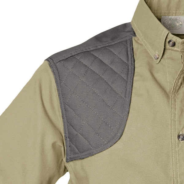 Closeup of a Men's Upland Shirt in Long Sleeves, color Khaki/Olive. The shirt has a contrasted quilted shooter patch at the right shoulder, button-down collars, a button-front placket, and double stitching throughout. 100% cotton.
