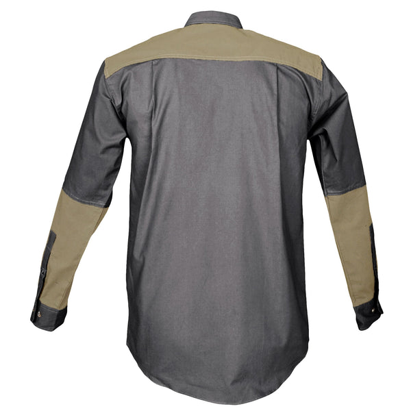 Back of a Men's Upland Shirt in Long Sleeves, color Olive/Khaki. The shirt has a contrasted yoke and forearms, buttoned Swiss tabs on the sleeves, double stitching throughout, and long rounded tails for tucking into pants. 100% cotton.
