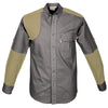 Front of a Men's Upland Shirt in Long Sleeves, color Olive/Khaki. The shirt has a contrasted quilted shooter patch and forearms, two flap-covered chest pockets, button-down collars, buttoned Swiss tabs on the sleeves, a button-front placket, double stitching throughout, and long rounded tails for tucking into pants. 100% cotton.