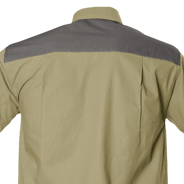 Closeup of a Men's Upland Shirt in Short Sleeves, color Khaki/Olive. The shirt has a contrasted yoke, a pleated back, and double stitching throughout. 100% cotton.