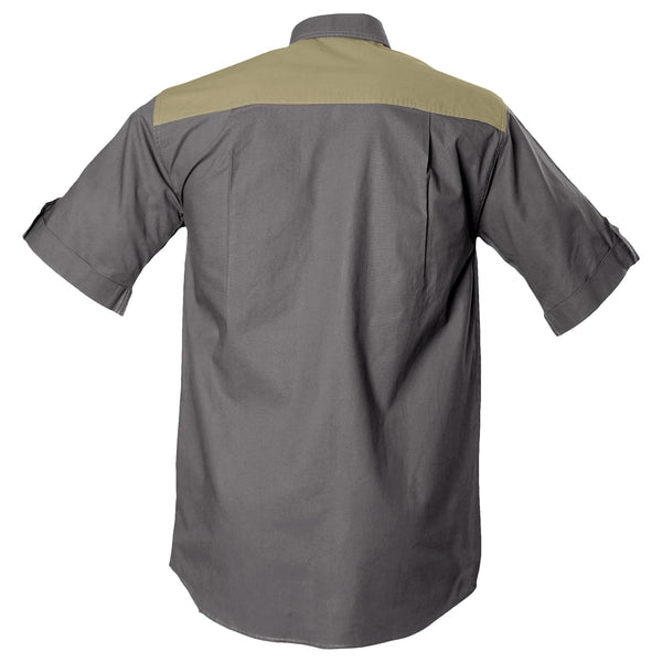 Back of a Men's Upland Shirt in Short Sleeves, color Olive/Khaki. The shirt has a contrasted yoke, buttoned roll-up tabs on the sleeve cuffs, double stitching throughout, and long rounded tails for tucking into pants. 100% cotton.