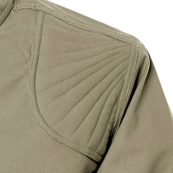 Closeup of a Men's Left-Hand Shooter Shirt in Long Sleeves, color Khaki. The shirt has a sunray quilted shooter patch at the left shoulder, and double stitching throughout. 100% cotton.