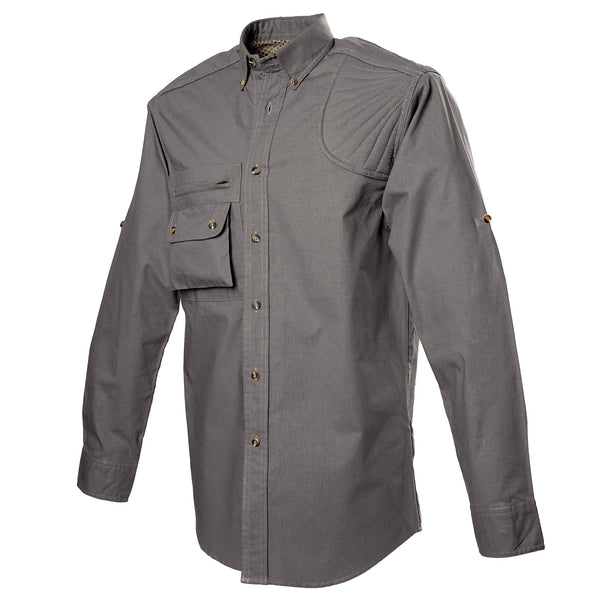 Side view of a Men's Left-Hand Shooter Shirt in Long Sleeves, color Olive. The shirt has a sunray quilted shooter patch at the left shoulder, a zippered chest pocket, a flap-covered chest pocket, button-down collars, buttoned Swiss tabs on the sleeves, a button-front placket, double stitching throughout, and long rounded tails for tucking into pants. 100% cotton.