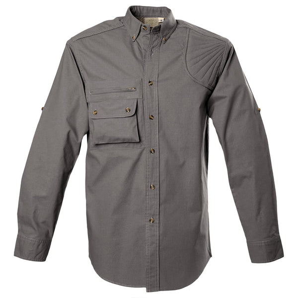 Front view of a Men's Left-Hand Shooter Shirt in Long Sleeves, color Olive. The shirt has a sunray quilted shooter patch at the left shoulder, a mesh-lined vented back, a zippered chest pocket, a flap-covered chest pocket, button-down collars, buttoned Swiss tabs on the sleeves, a button-front placket, double stitching throughout, and long rounded tails for tucking into pants. 100% cotton.