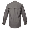 Back view of a Men's Left-Hand Shooter Shirt in Long Sleeves, color Olive. The shirt has a mesh-lined vented back, buttoned Swiss tabs on the sleeves, double stitching throughout, and long rounded tails for tucking into pants. 100% cotton.