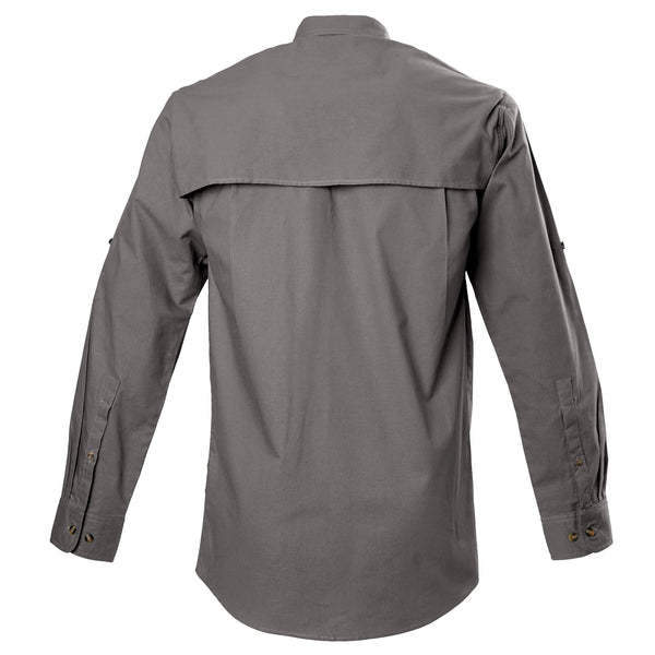 Back view of a Men's Left-Hand Shooter Shirt in Long Sleeves, color Olive. The shirt has a mesh-lined vented back, buttoned Swiss tabs on the sleeves, double stitching throughout, and long rounded tails for tucking into pants. 100% cotton.