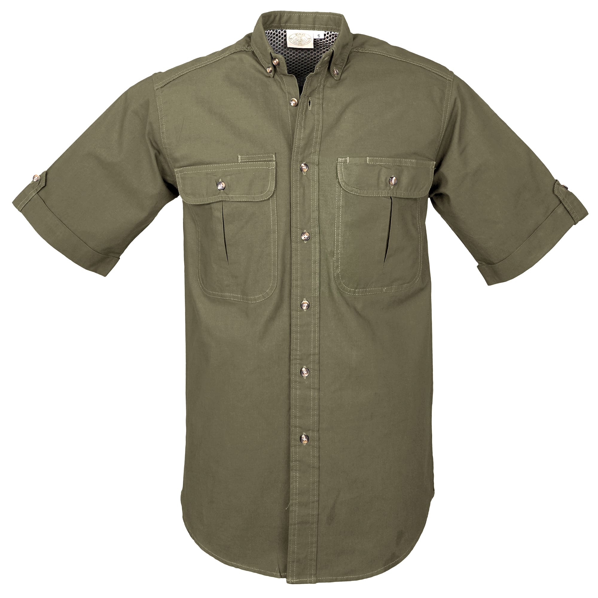 Stay comfortable outdoors in TAG® Safari's men's short sleeve vent-back safari shirt. Made from 100% cotton with a mesh-lined vented back and secure button-flap chest pockets.--10