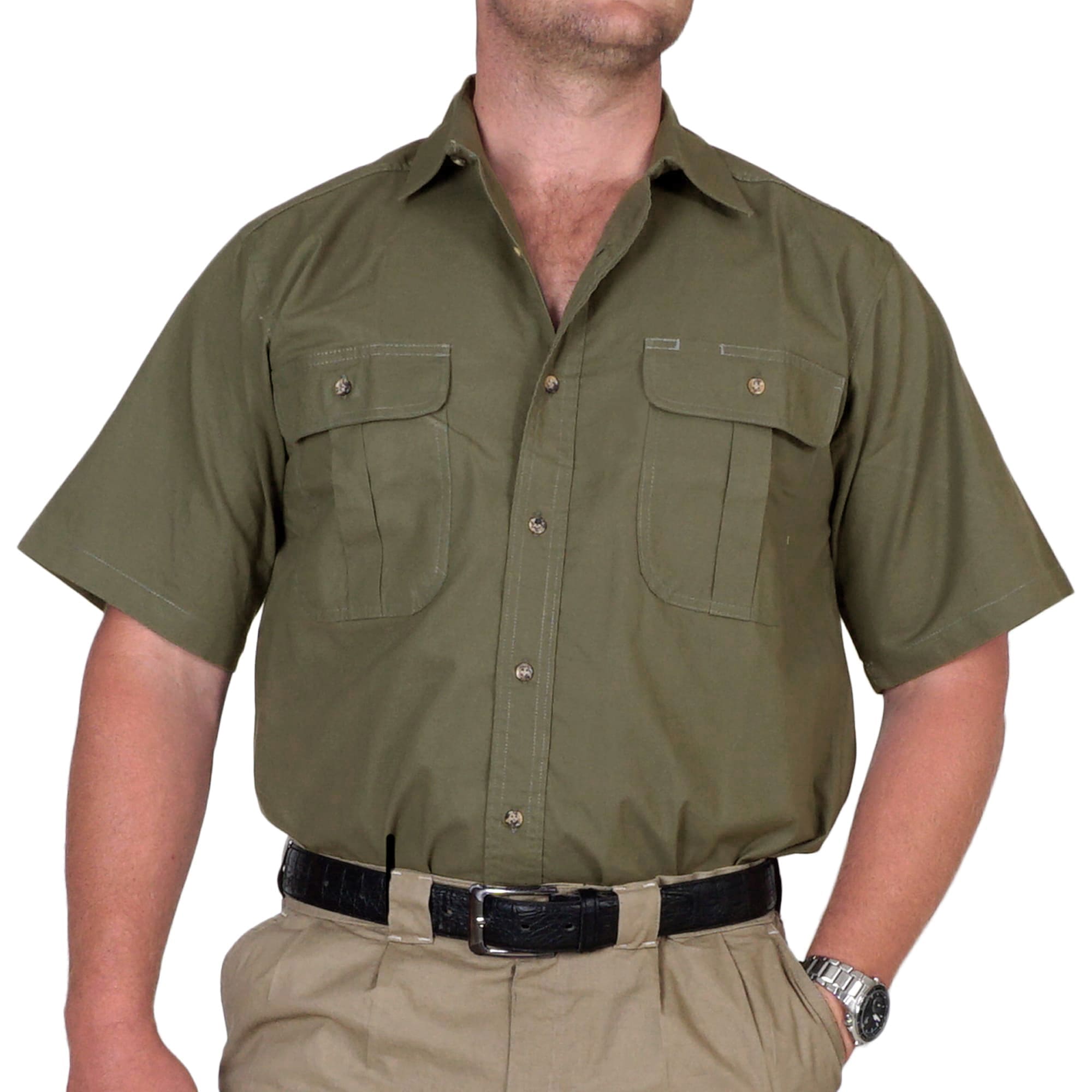 Stay comfortable outdoors in TAG® Safari's men's short sleeve vent-back safari shirt. Made from 100% cotton with a mesh-lined vented back and secure button-flap chest pockets.--13