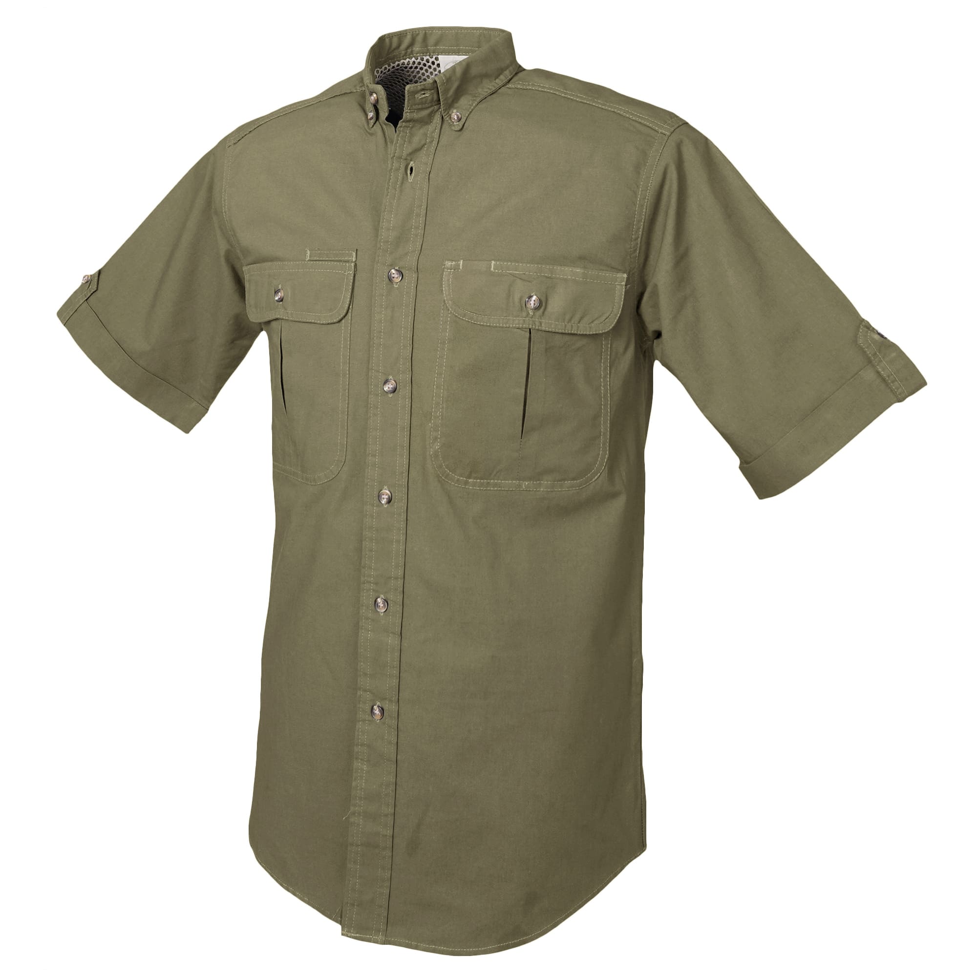 Stay comfortable outdoors in TAG® Safari's men's short sleeve vent-back safari shirt. Made from 100% cotton with a mesh-lined vented back and secure button-flap chest pockets.--12