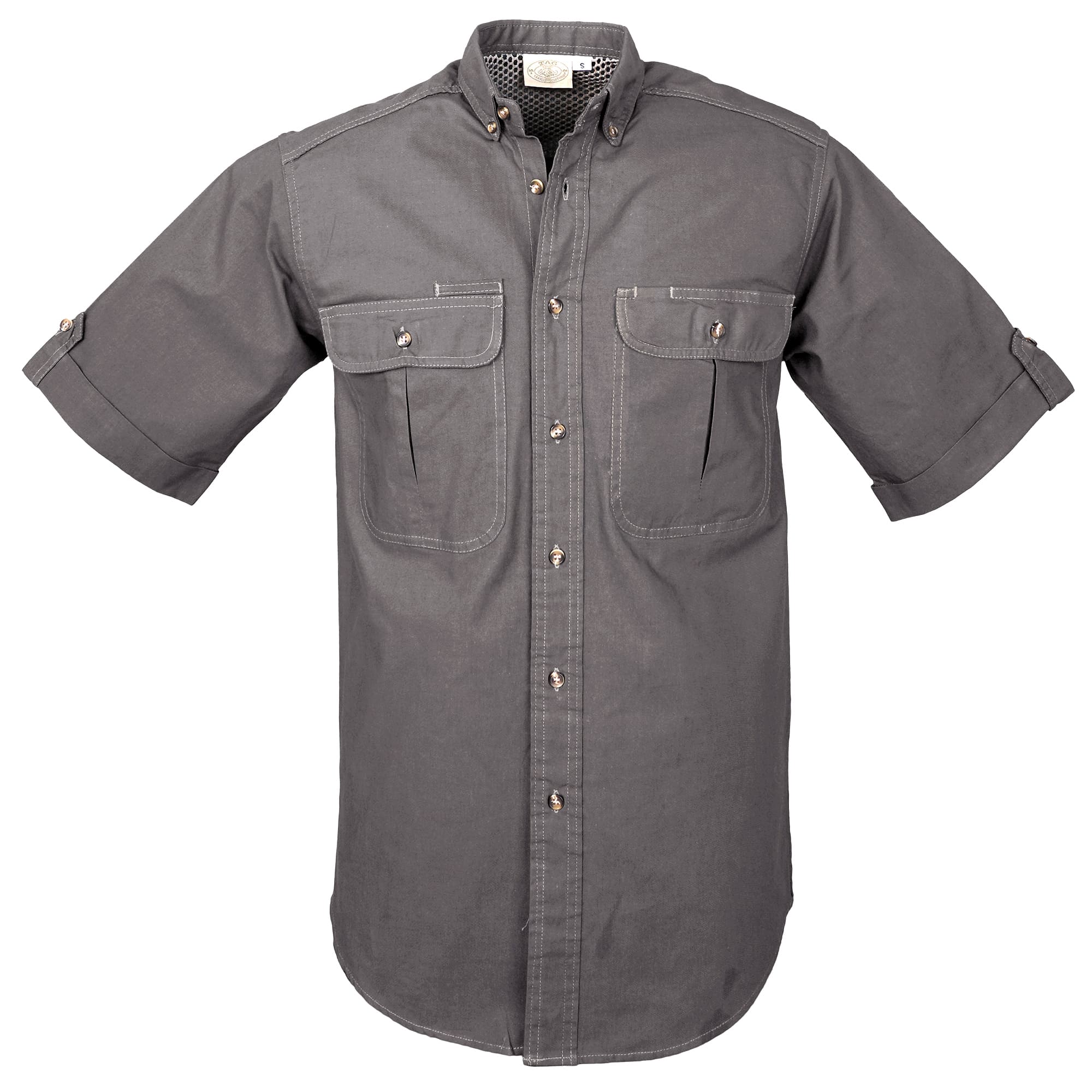 Stay comfortable outdoors in TAG® Safari's men's short sleeve vent-back safari shirt. Made from 100% cotton with a mesh-lined vented back and secure button-flap chest pockets.--7