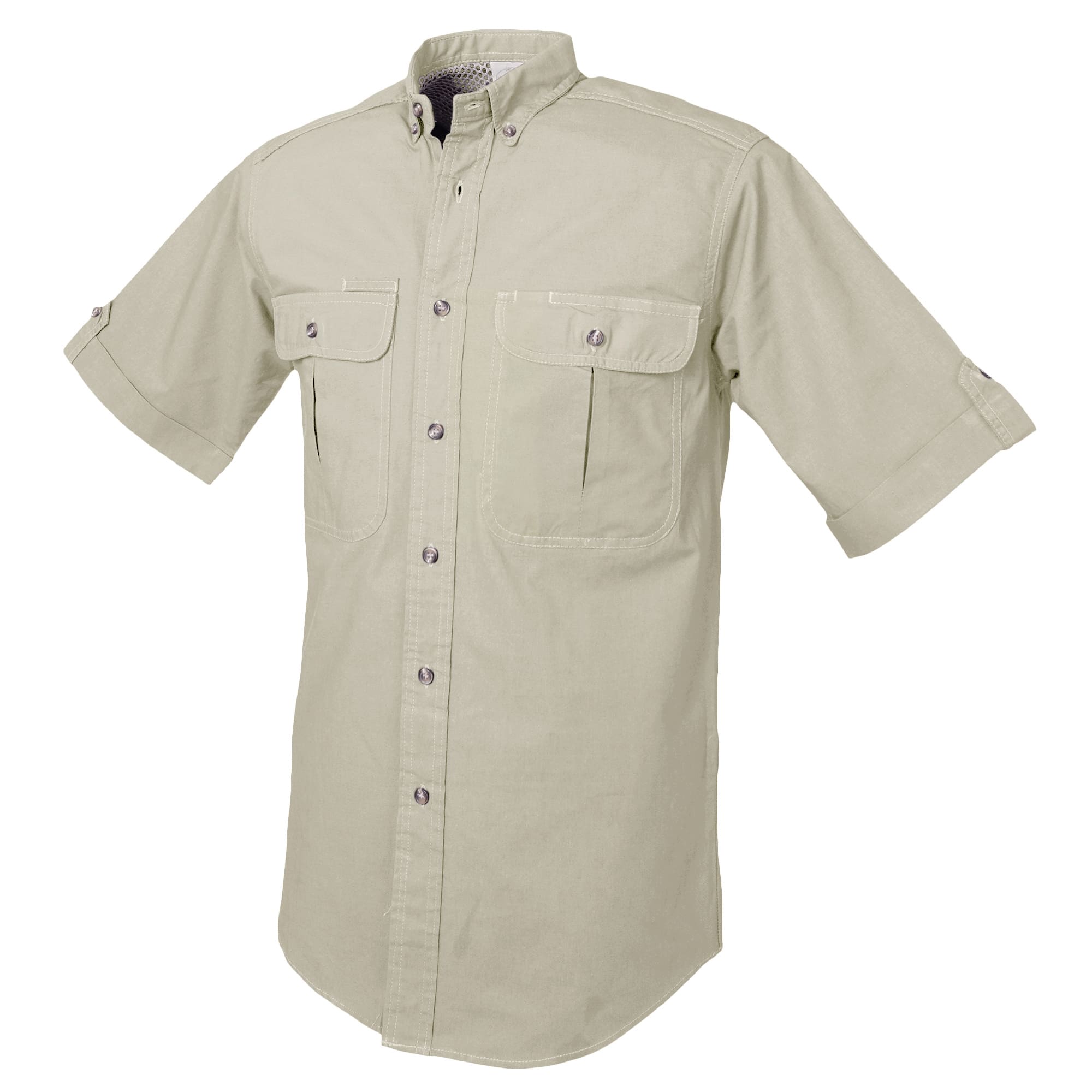 Stay comfortable outdoors in TAG® Safari's men's short sleeve vent-back safari shirt. Made from 100% cotton with a mesh-lined vented back and secure button-flap chest pockets.--6