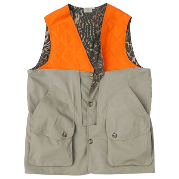 Tag Safari Hunting Vest for Men in Khaki/Blaze. Front view showing an Afri-Camo liner, a quilted full upper panel, two button-flap waist pockets with hand-warmers, and a button-down front closure.