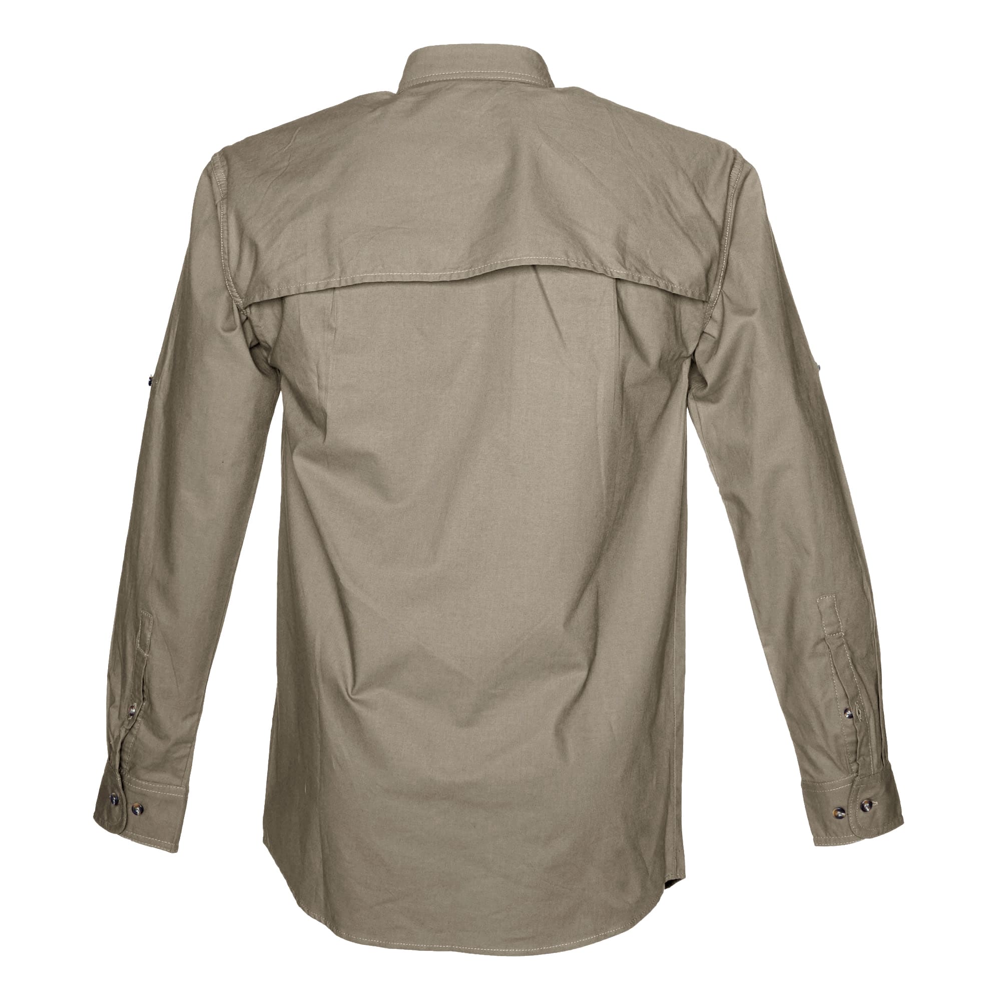 Tag Safari Long-Sleeve Adventure Shirt for Men features a vented back, mesh liner, button-flap chest pockets, and roll-up sleeve tabs. Shown in Khaki.--11