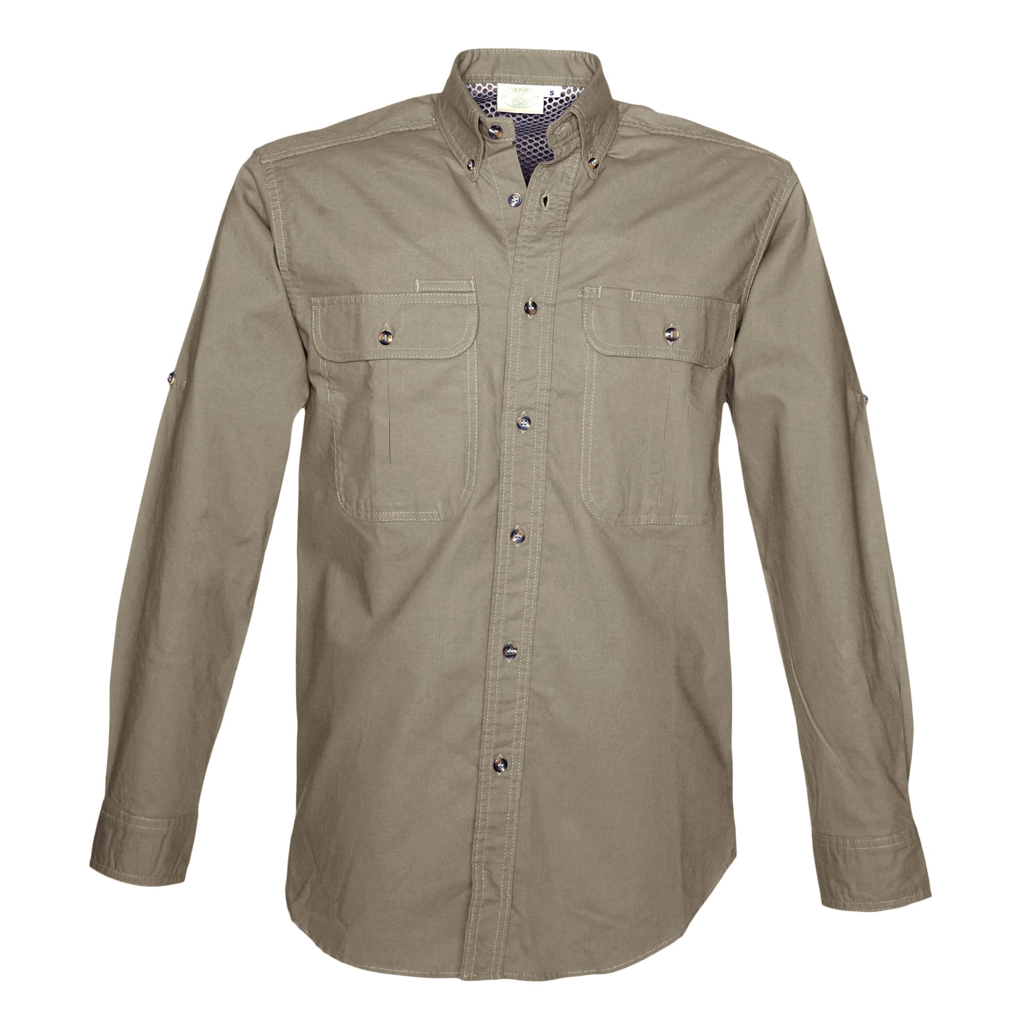 Tag Safari Long-Sleeve Adventure Shirt for Men features a vented back, mesh liner, button-flap chest pockets, and roll-up sleeve tabs. Shown in Khaki.--10