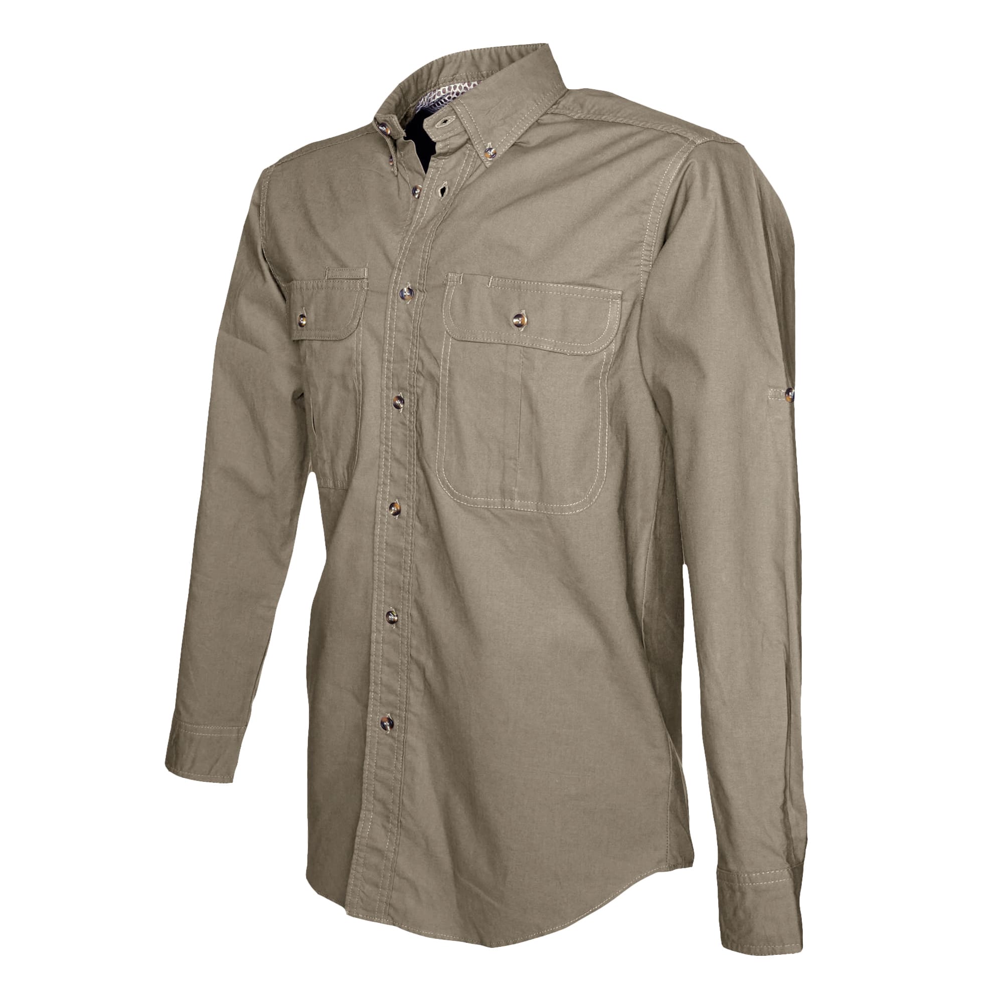 Tag Safari Long-Sleeve Adventure Shirt for Men features a vented back, mesh liner, button-flap chest pockets, and roll-up sleeve tabs. Shown in Khaki.--12
