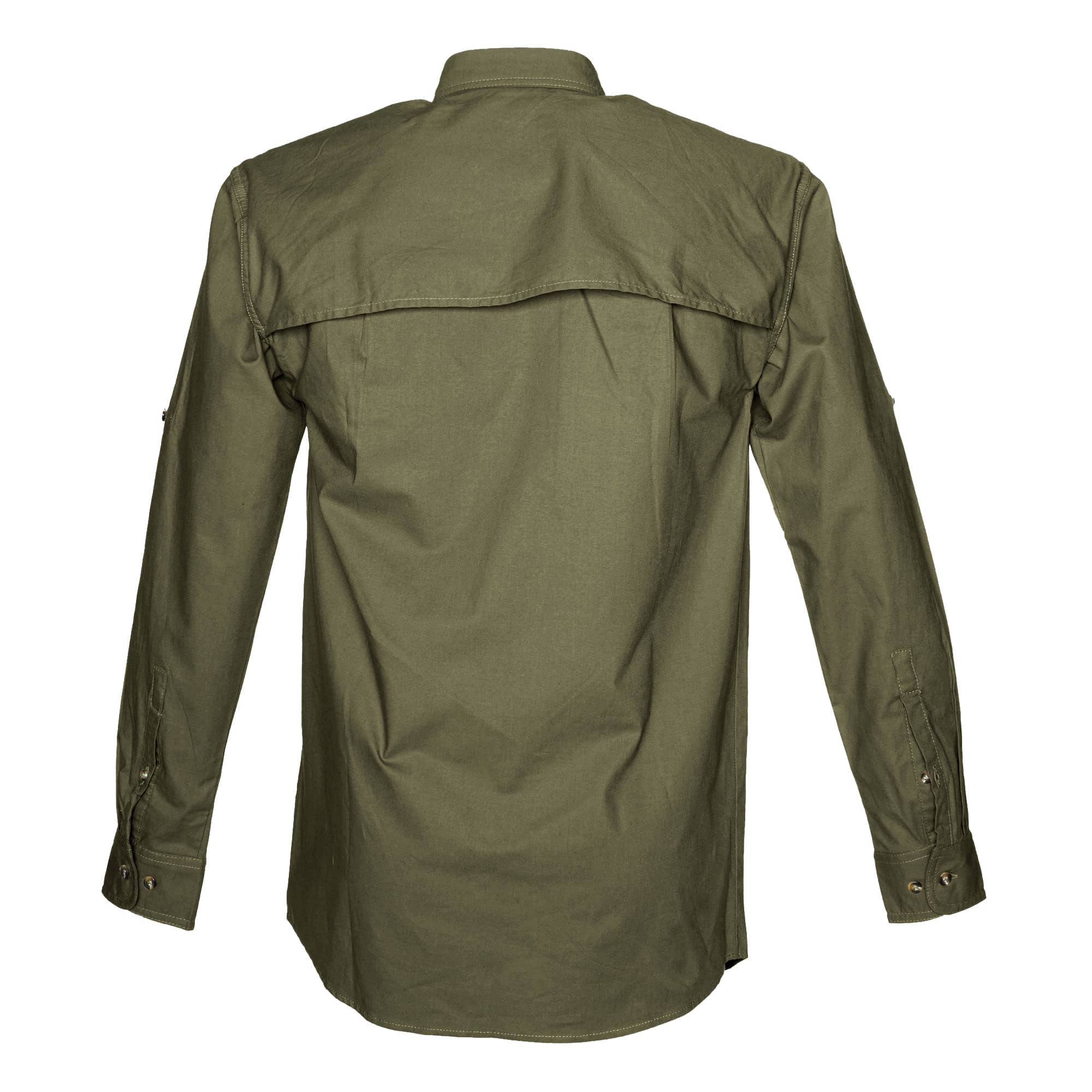 Tag Safari Long-Sleeve Adventure Shirt for Men features a vented back, mesh liner, button-flap chest pockets, and roll-up sleeve tabs. Shown in Moss Green.--8