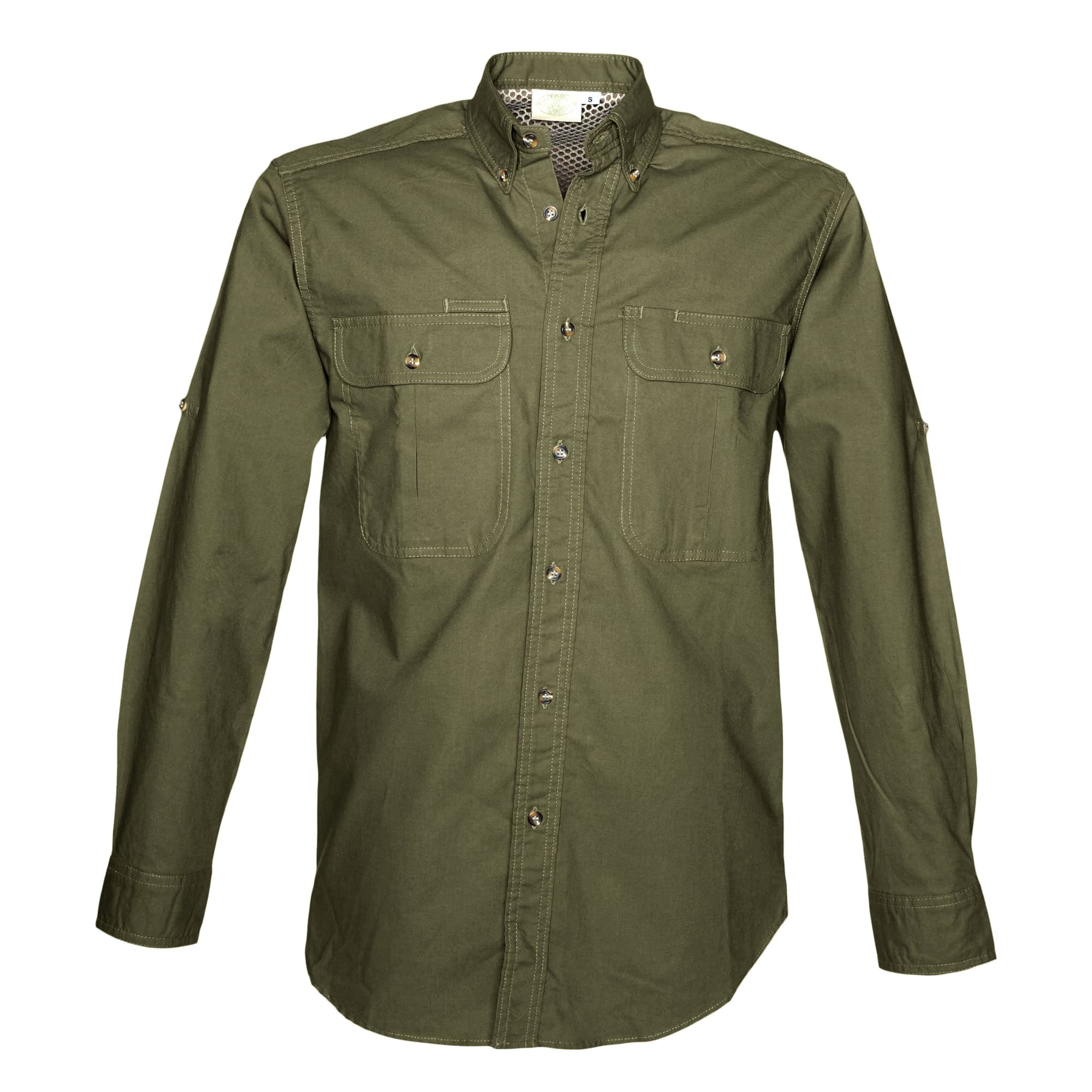 Tag Safari Long-Sleeve Adventure Shirt for Men features a vented back, mesh liner, button-flap chest pockets, and roll-up sleeve tabs. Shown in Moss Green.--7