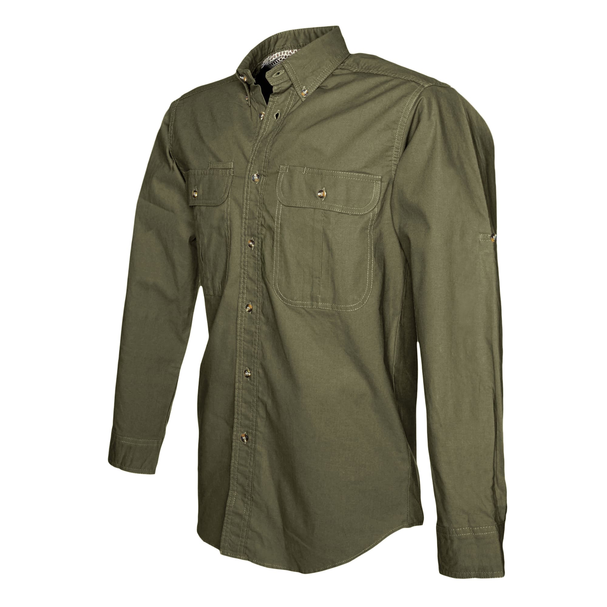 Tag Safari Long-Sleeve Adventure Shirt for Men features a vented back, mesh liner, button-flap chest pockets, and roll-up sleeve tabs. Shown in Moss Green.--9