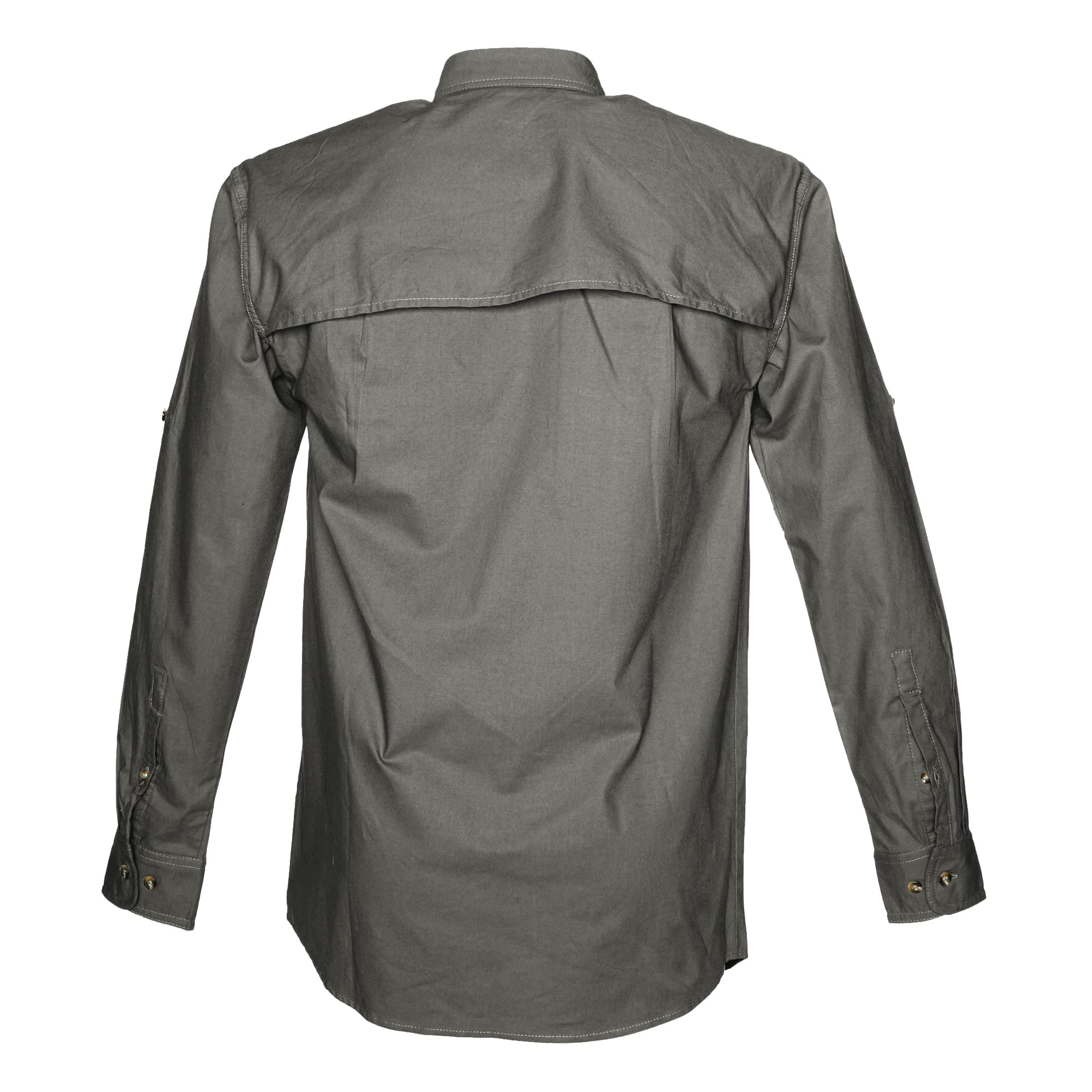 Tag Safari Long-Sleeve Adventure Shirt for Men features a vented back, mesh liner, button-flap chest pockets, and roll-up sleeve tabs. Shown in Olive Gray.--5