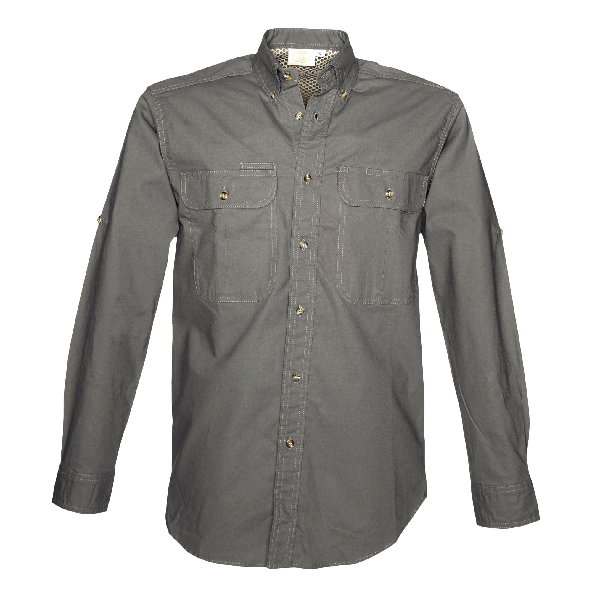 Tag Safari Long-Sleeve Adventure Shirt for Men features a vented back, mesh liner, button-flap chest pockets, and roll-up sleeve tabs. Shown in Olive Gray.--4