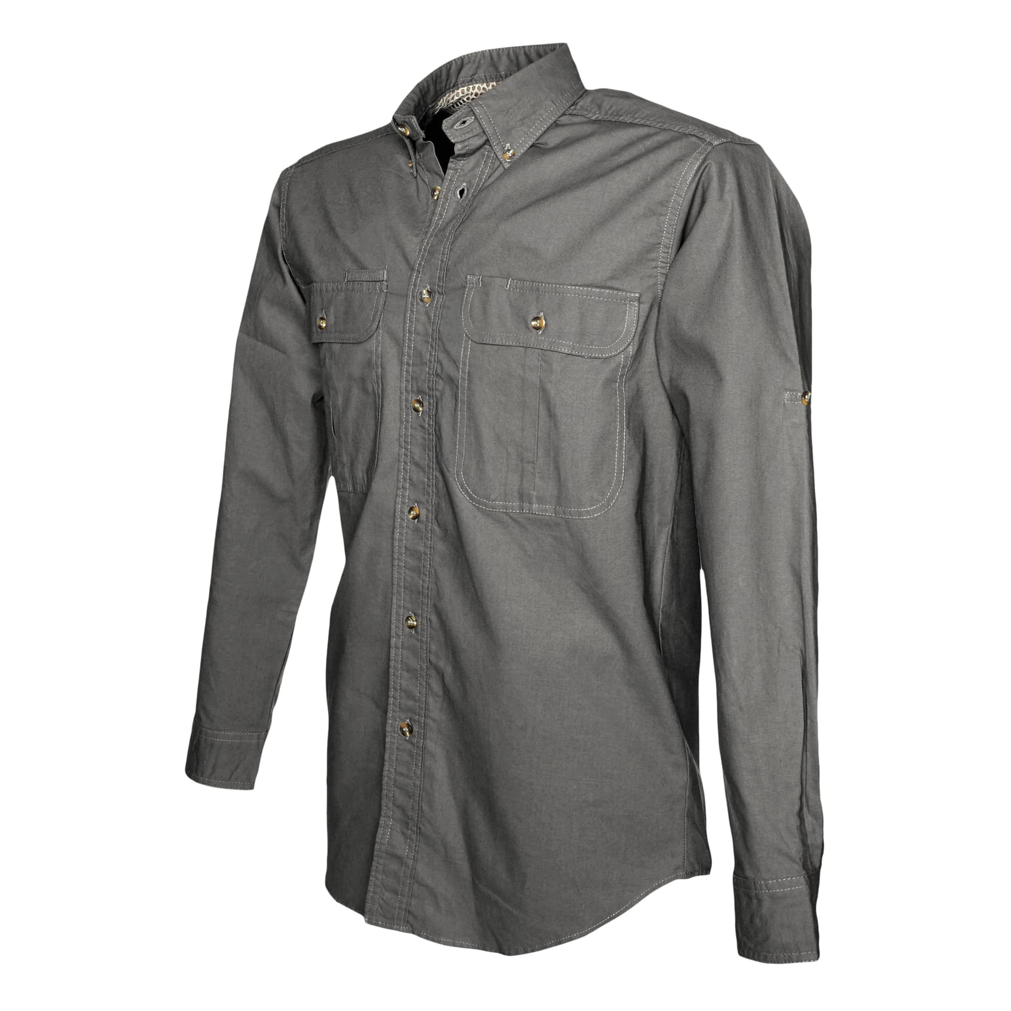 Tag Safari Long-Sleeve Adventure Shirt for Men features a vented back, mesh liner, button-flap chest pockets, and roll-up sleeve tabs. Shown in Olive Gray.--6