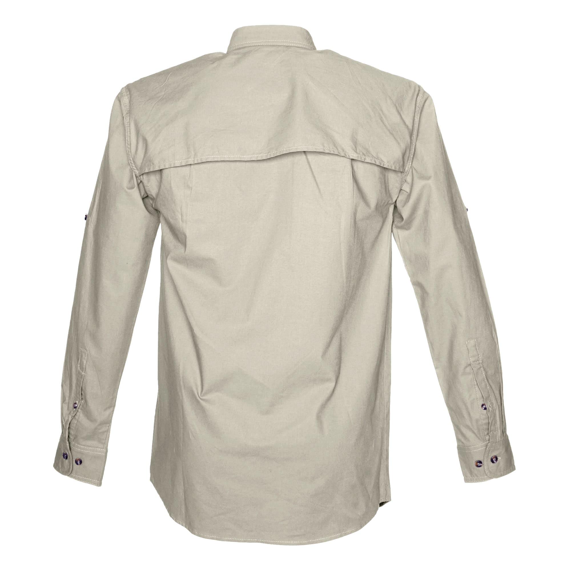 Tag Safari Long-Sleeve Adventure Shirt for Men features a vented back, mesh liner, button-flap chest pockets, and roll-up sleeve tabs. Shown in Stone.--2