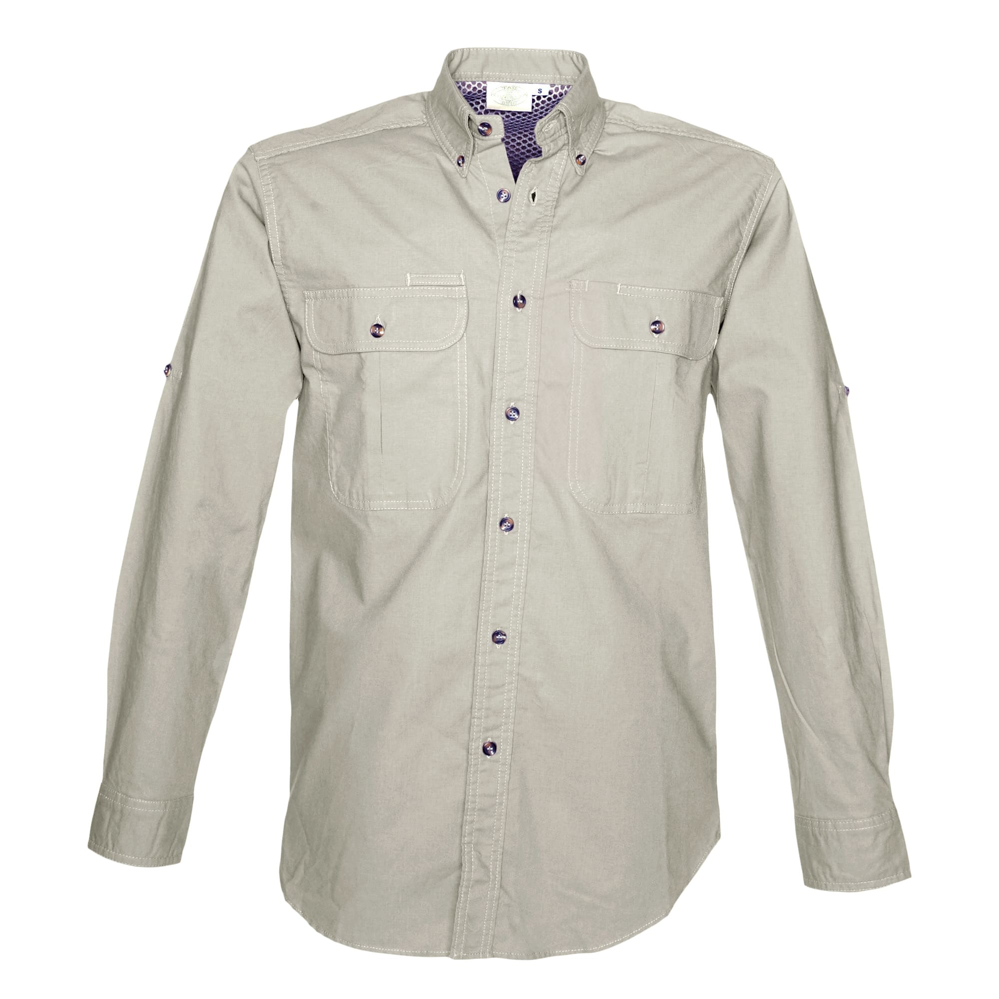 Tag Safari Long-Sleeve Adventure Shirt for Men features a vented back, mesh liner, button-flap chest pockets, and roll-up sleeve tabs. Shown in Stone.--1