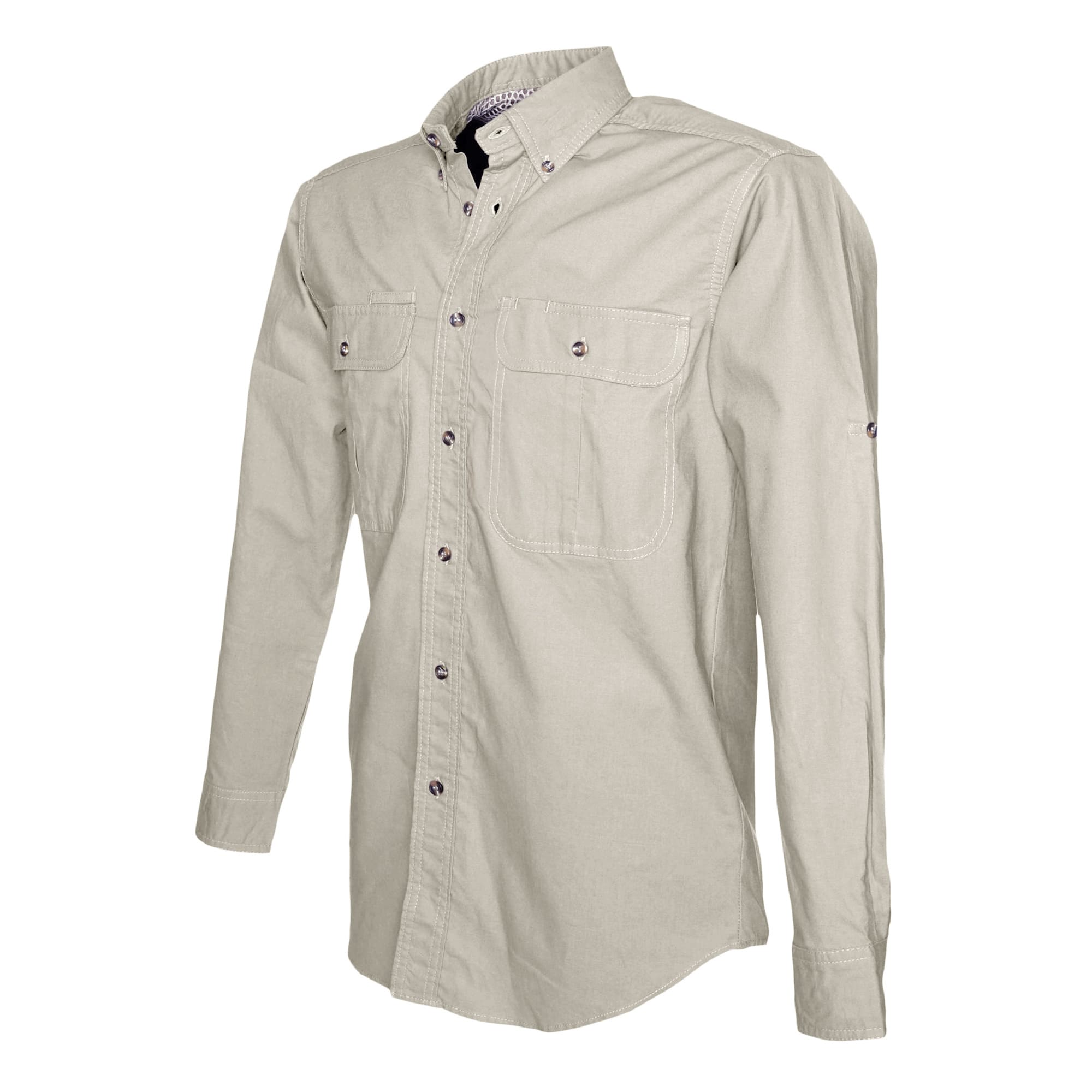 Tag Safari Long-Sleeve Adventure Shirt for Men features a vented back, mesh liner, button-flap chest pockets, and roll-up sleeve tabs. Shown in Stone.--3
