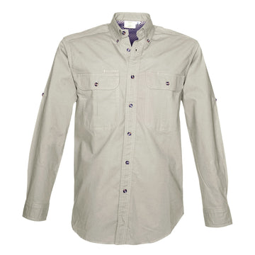 Tag Safari Long-Sleeve Adventure Shirt for Men features a vented back, mesh liner, button-flap chest pockets, and roll-up sleeve tabs. Shown in Stone.