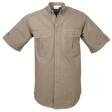 Tag Safari Short-Sleeve Adventure Shirt for Men features a vented back, mesh liner, button-flap chest pockets, and durable double-stitching Shown in Khaki.