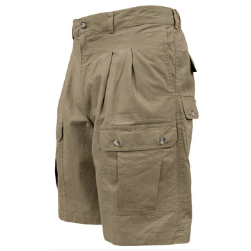 Safari Adventure Shorts for Men feature slash-style side pockets, button-flap thigh, back, and utility pockets, discreet elastic waist panels, large belt loops, and a 9" inseam. Shown in Khaki.