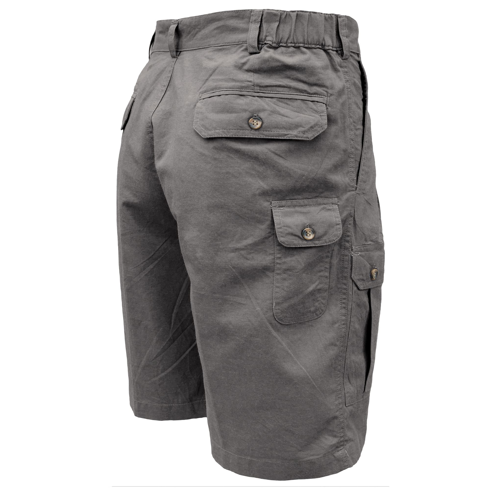Back view of Tag Safari Adventure Shorts for Men in Olive Gray. Shows a slash-style hip pocket, a button-flap thigh pocket, two button-flap back pockets, a button-flap utility pocket, elastic waist panels, and a 9