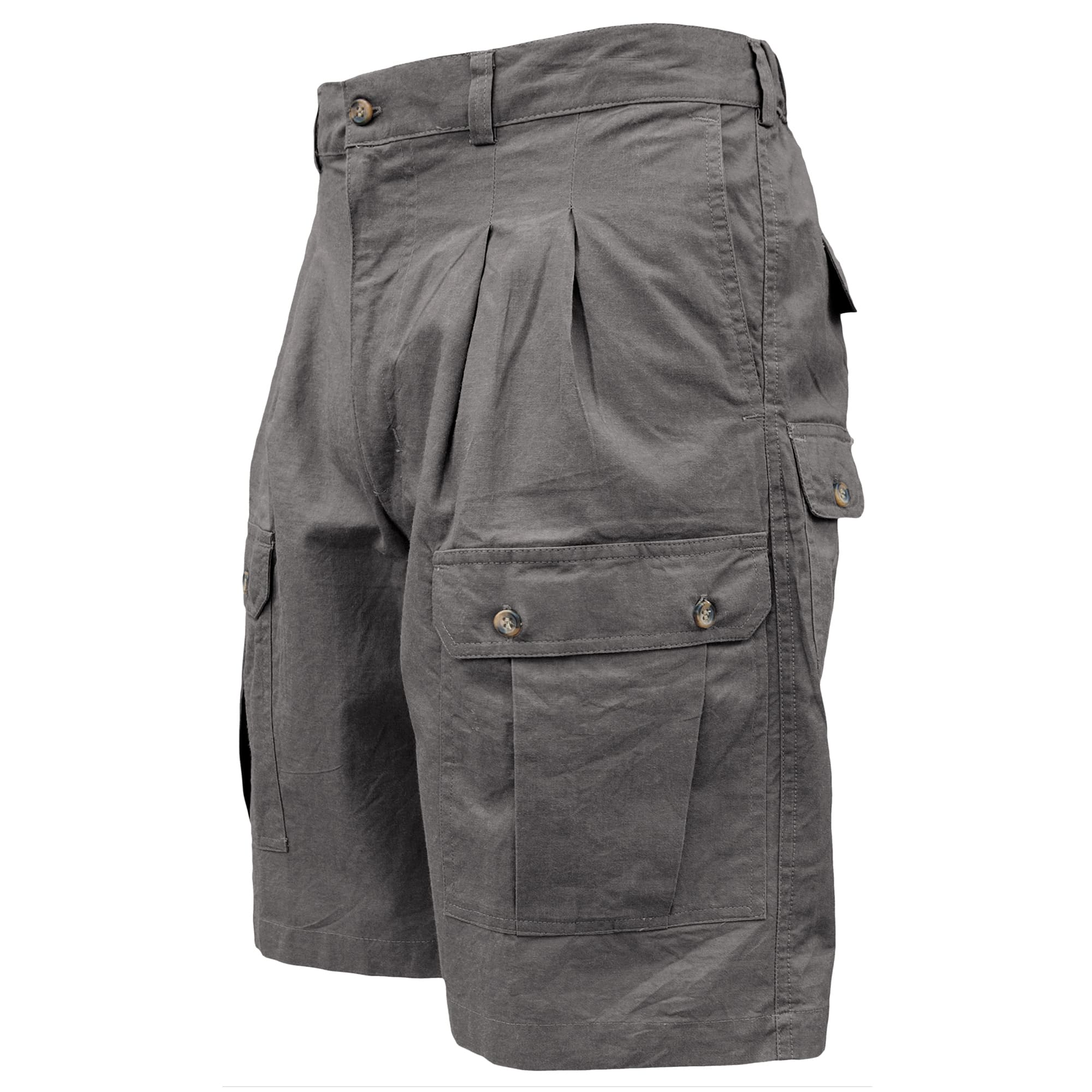 Front view of Tag Safari Adventure Shorts for Men in Olive Gray. Shows two slash-style hip pockets, two button-flap thigh pockets, a button-flap utility pocket, elastic waist panels, and a 9
