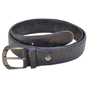 Buffalo Leather Belt from Tag Safari in Black features a removable brass buckle, matching fixed belt keeper, waist adjustment holes, belt length adjustment screws, and an inside Tag branded logo.