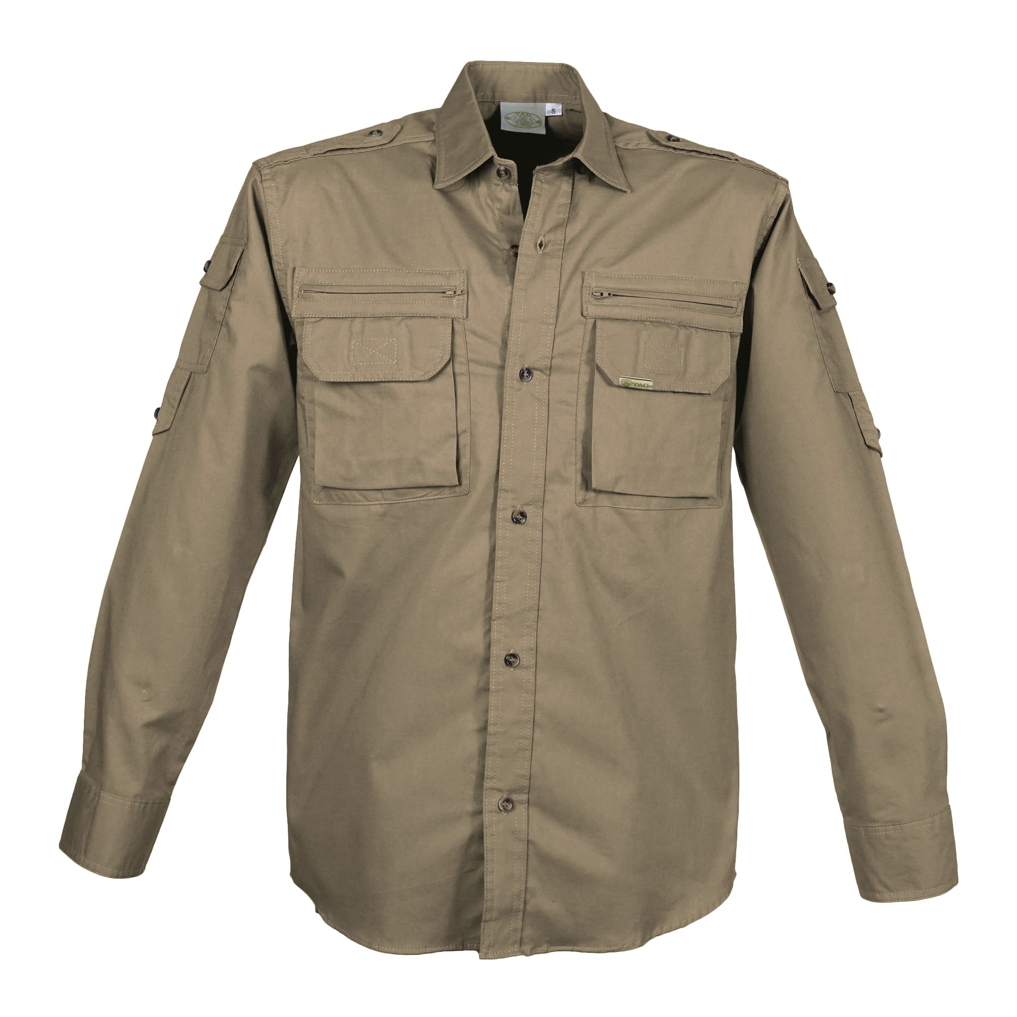Front view of a Tag Safari Long-Sleeve Bush Shirt for Men in Khaki. Shows two zippered chest pockets, two button-flap chest pockets, two button-flap sleeve pockets, functional epaulettes, and a button-down front placket.--1
