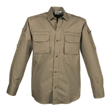 Bush Shirt for Men in Long-Sleeves features zippered and button-flap chest pockets, button-flap sleeve pockets, functional epaulettes, and roll-up sleeve tabs. Shown in Khaki.