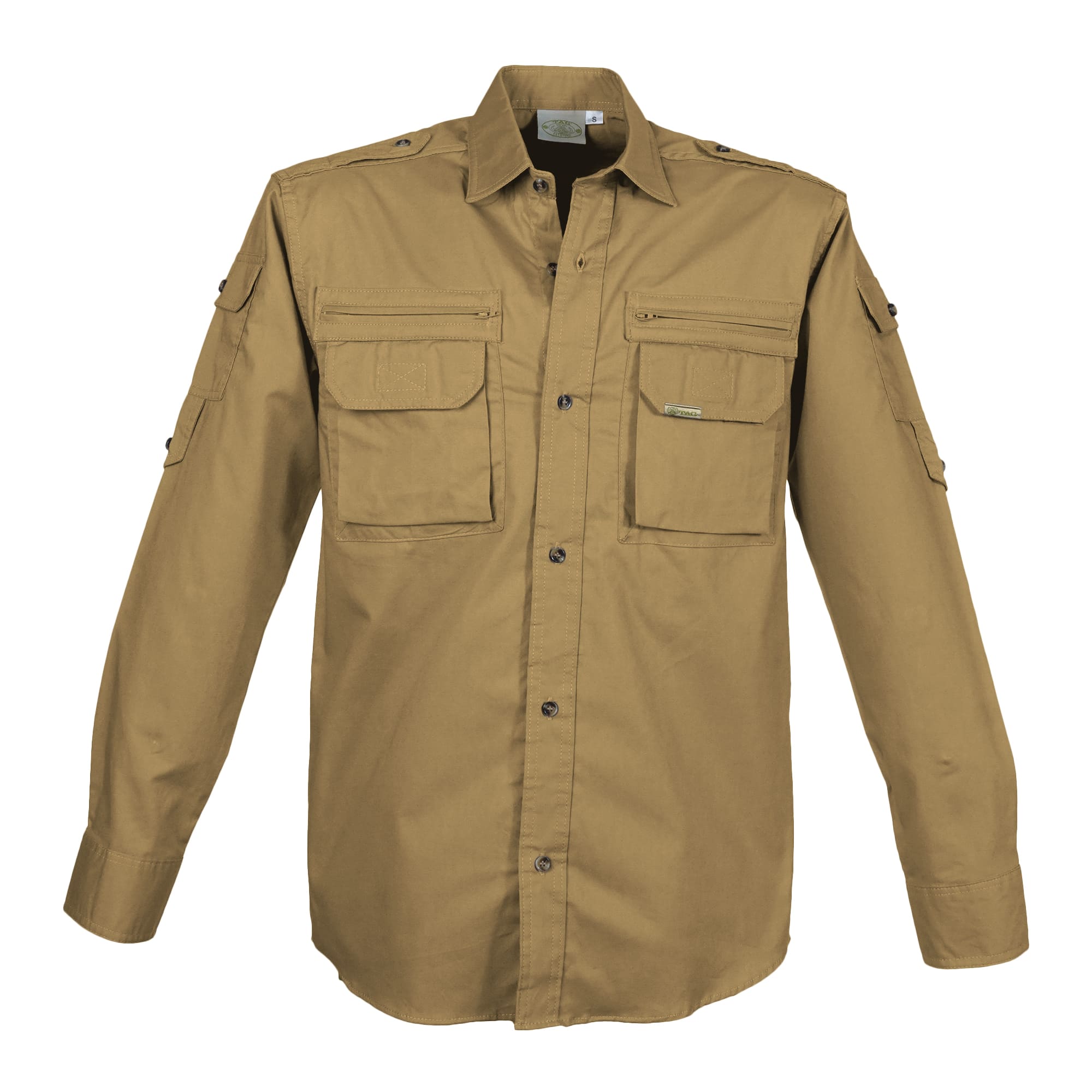 Front view of a Tag Safari Long-Sleeve Bush Shirt for Men in Tobacco. Shows two zippered chest pockets, two button-flap chest pockets, two button-flap sleeve pockets, functional epaulettes, and a button-down front placket.--2