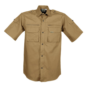Bush Shirt for Men in Short-Sleeves features zippered and button-flap chest pockets, button-flap sleeve pockets, and functional epaulettes. Shown in Tobacco.