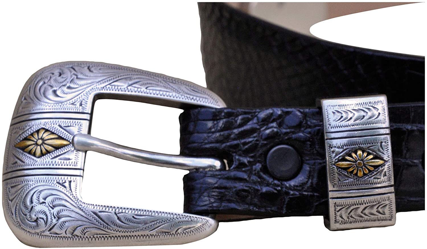 Caiman Crocodile Leather Ranger Belt from Tag Safari in Black features an engraved silver finished buckle with matching belt keeper and decorative tip, and an inside Tag branded logo.--2