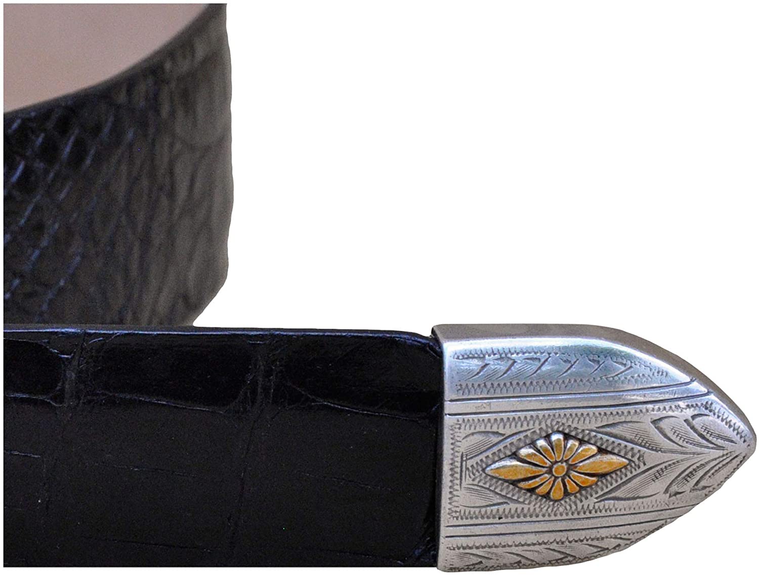 Caiman Crocodile Leather Ranger Belt from Tag Safari in Black features an engraved silver finished buckle with matching belt keeper and decorative tip, and an inside Tag branded logo.--3