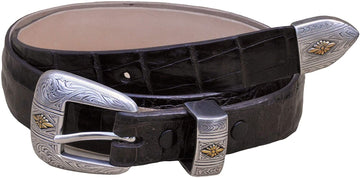 Caiman Crocodile Leather Ranger Belt from Tag Safari in Black features an engraved silver finished buckle with matching belt keeper and decorative tip, and an inside Tag branded logo.