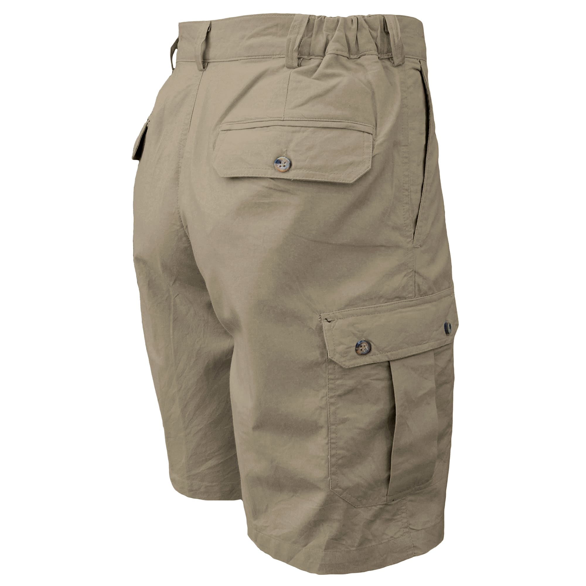 Back view of Tag Safari Cargo Shorts for Men in Khaki. Shows a slash-style hip pocket, a button-flap thigh pocket, two button-flap back pockets, elastic waist panels, and a 9