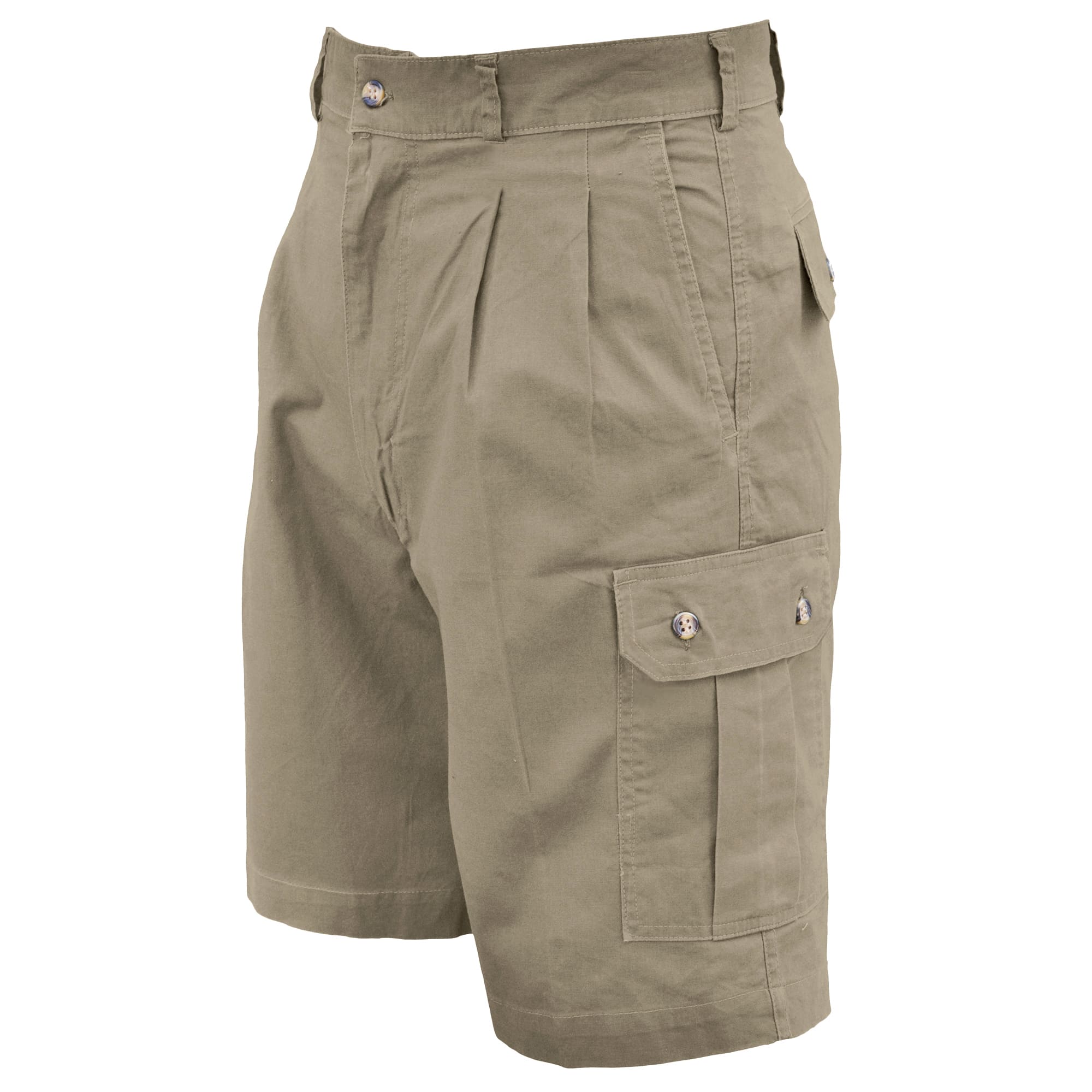 Front view of Tag Safari Cargo Shorts for Men in Khaki. Shows two slash-style hip pockets, two button-flap thigh pockets, and a 9