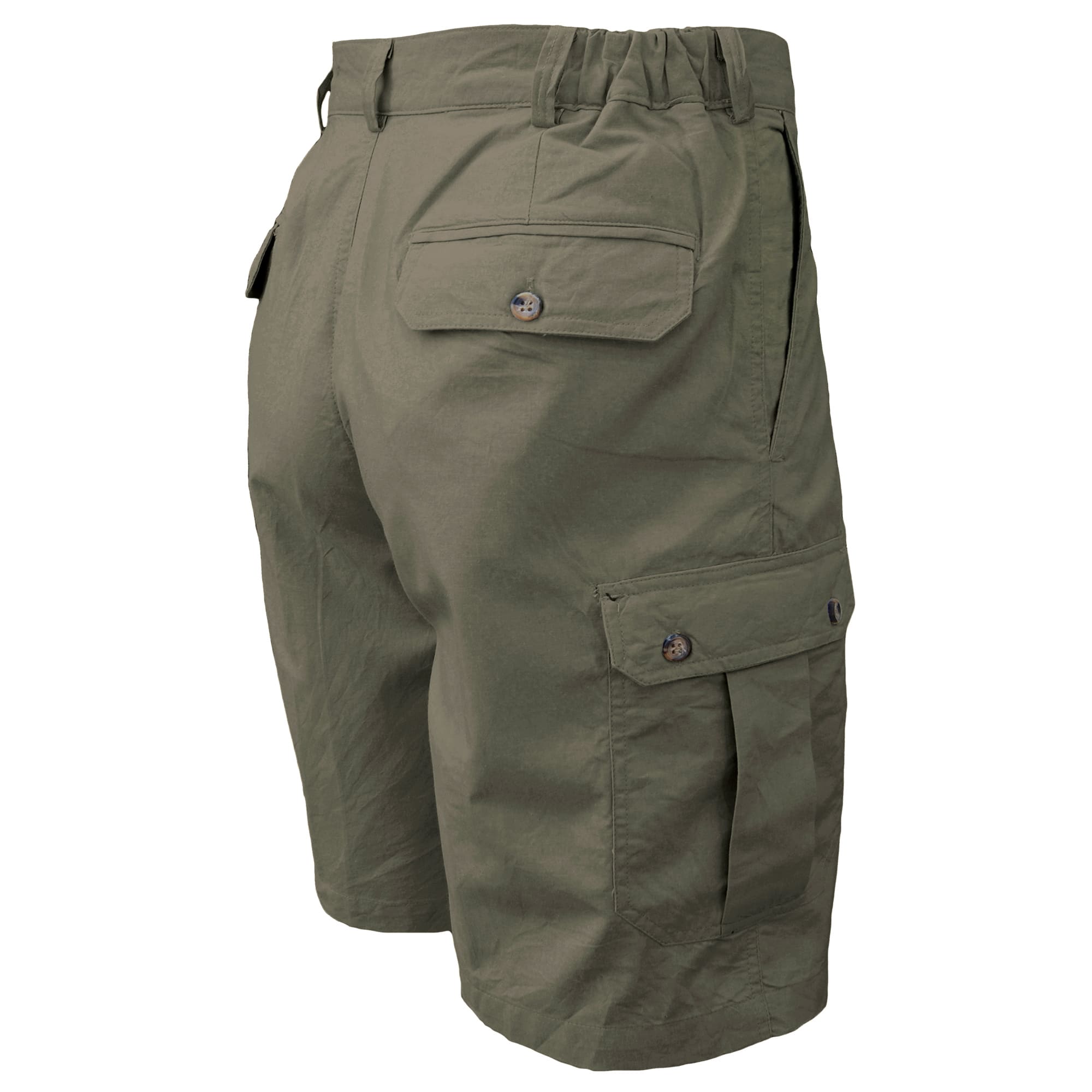 Back view of Tag Safari Cargo Shorts for Men in Moss Green. Shows a slash-style hip pocket, a button-flap thigh pocket, two button-flap back pockets, elastic waist panels, and a 9