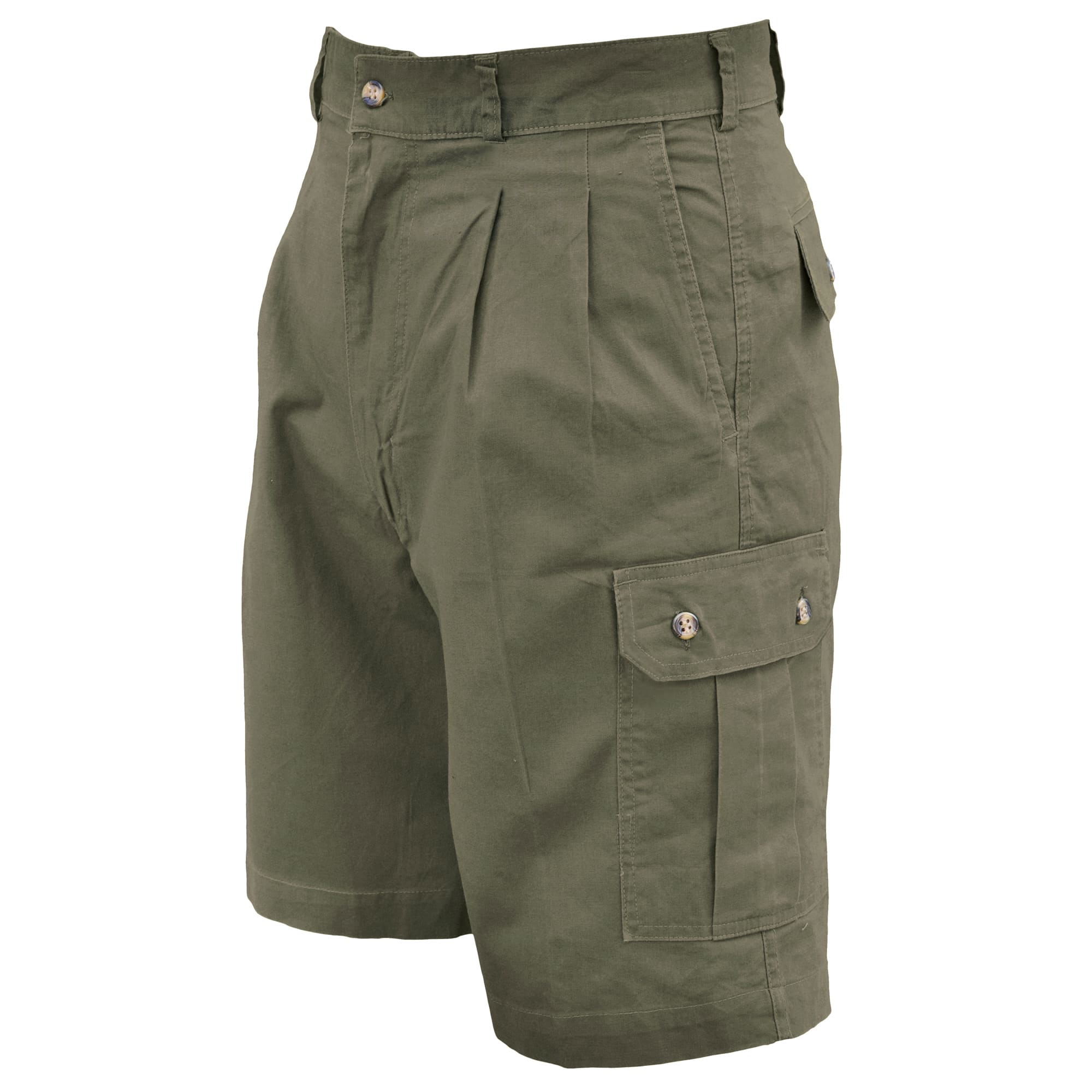 Front view of Tag Safari Cargo Shorts for Men in Moss Green. Shows two slash-style hip pockets, two button-flap thigh pockets, and a 9