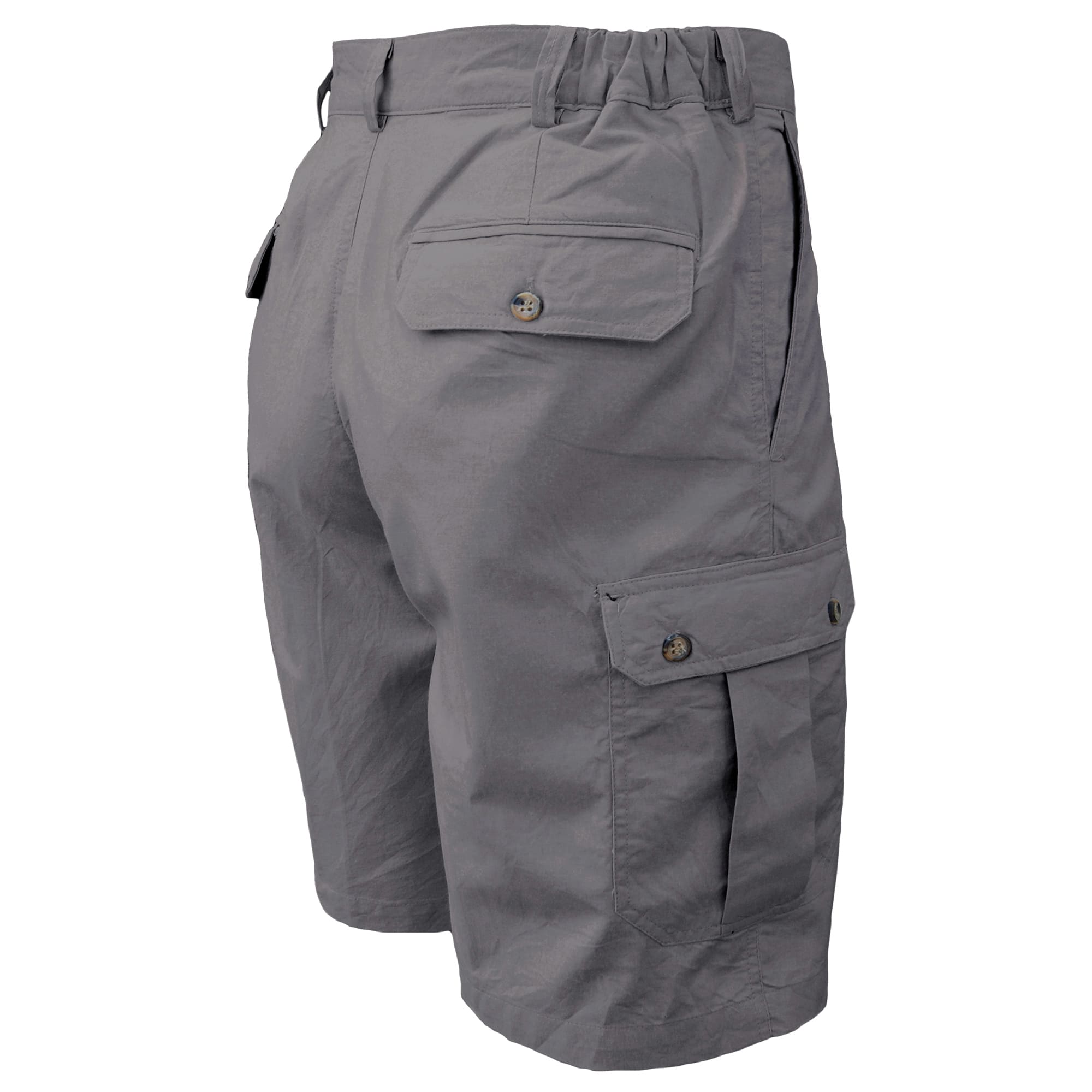 Back view of Tag Safari Cargo Shorts for Men in Olive Gray. Shows a slash-style hip pocket, a button-flap thigh pocket, two button-flap back pockets, elastic waist panels, and a 9
